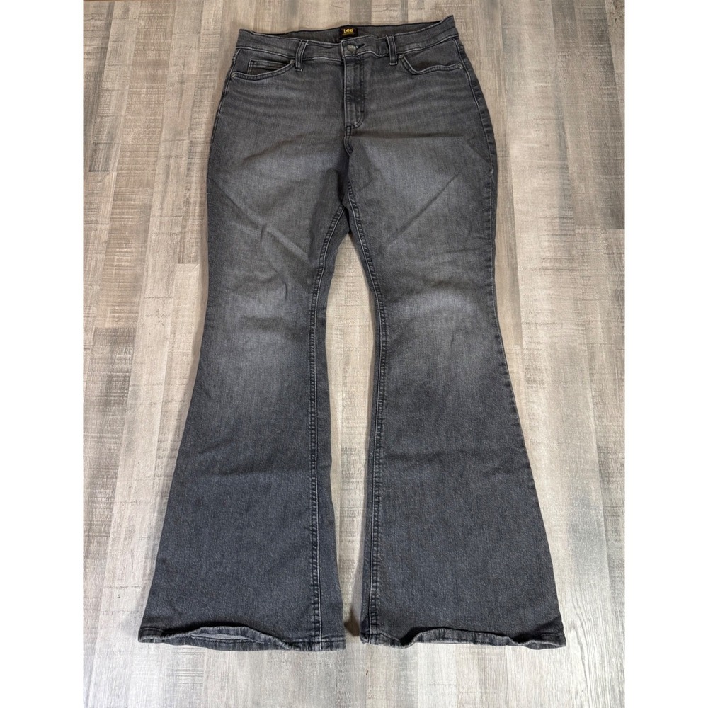 Vintage Lee Flare Jeans Faded Black Bell Bottom Size 14M Fit 32x31